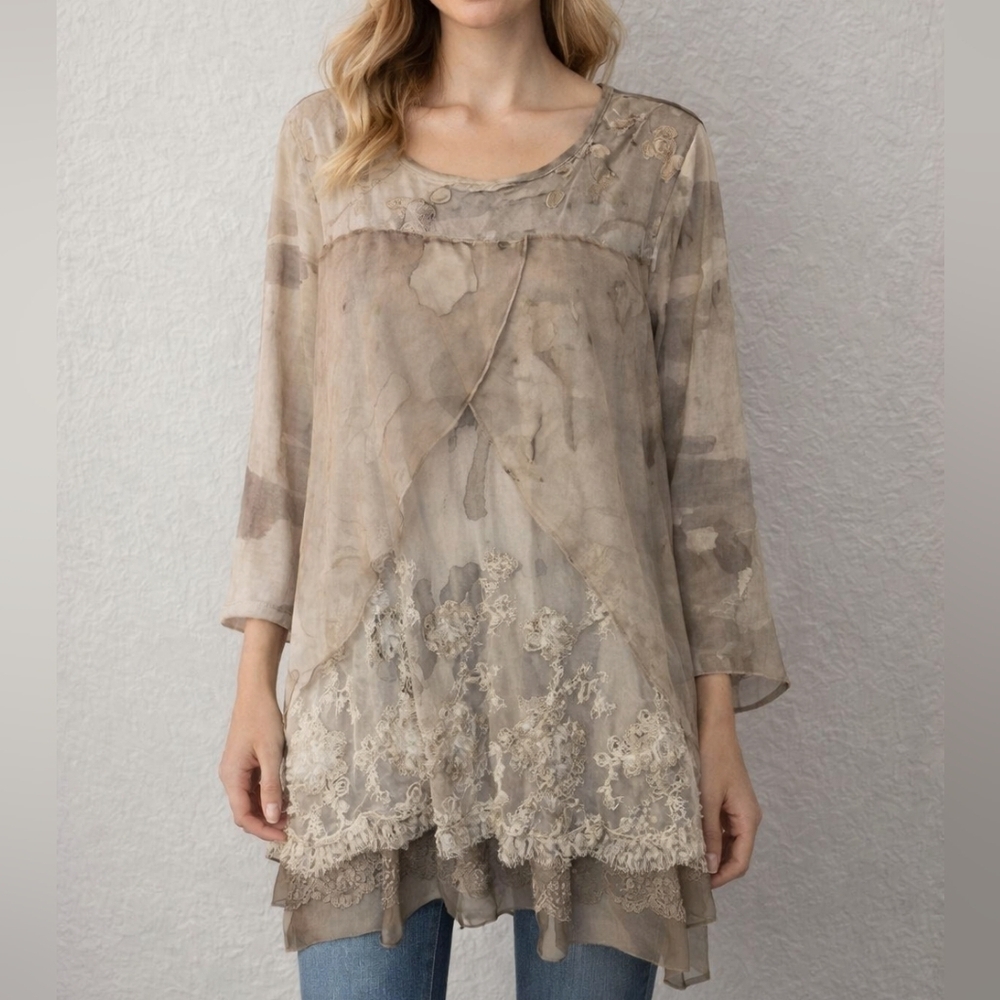 ALI MILES Boho Chiffon Mesh Floral Applique Lace Layered Festival Tunic